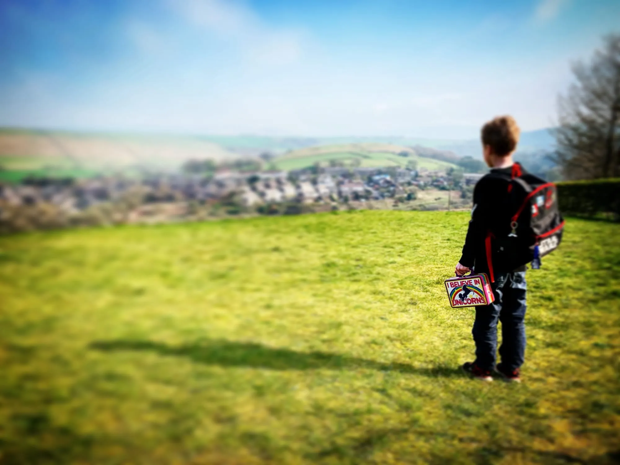 A young boy ready for a Unicorn adventure, looking out over the hills