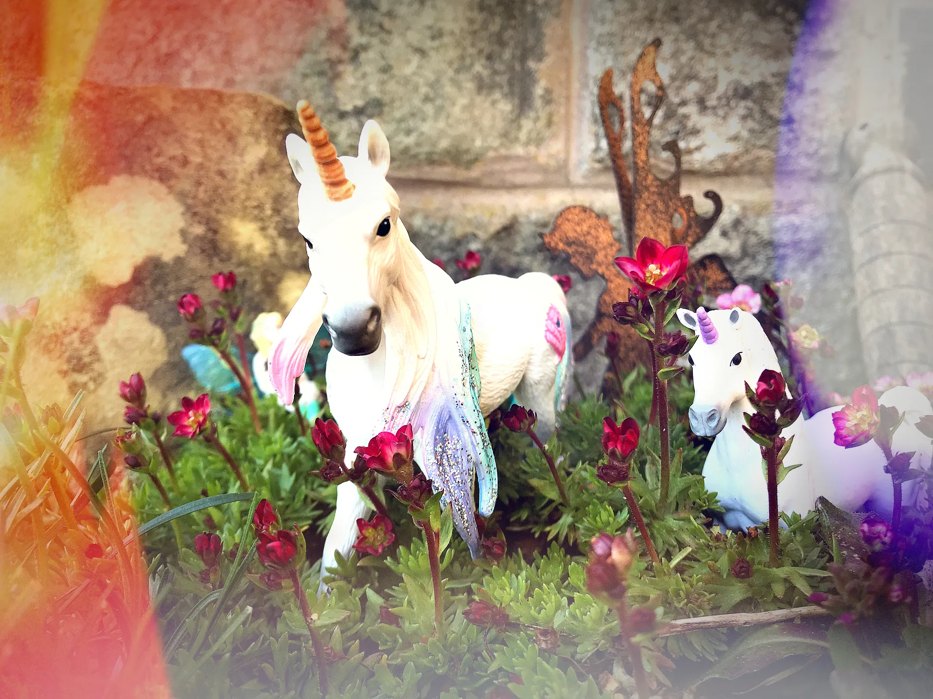 Unicorn standing in a fairy garden surrounded by flowers